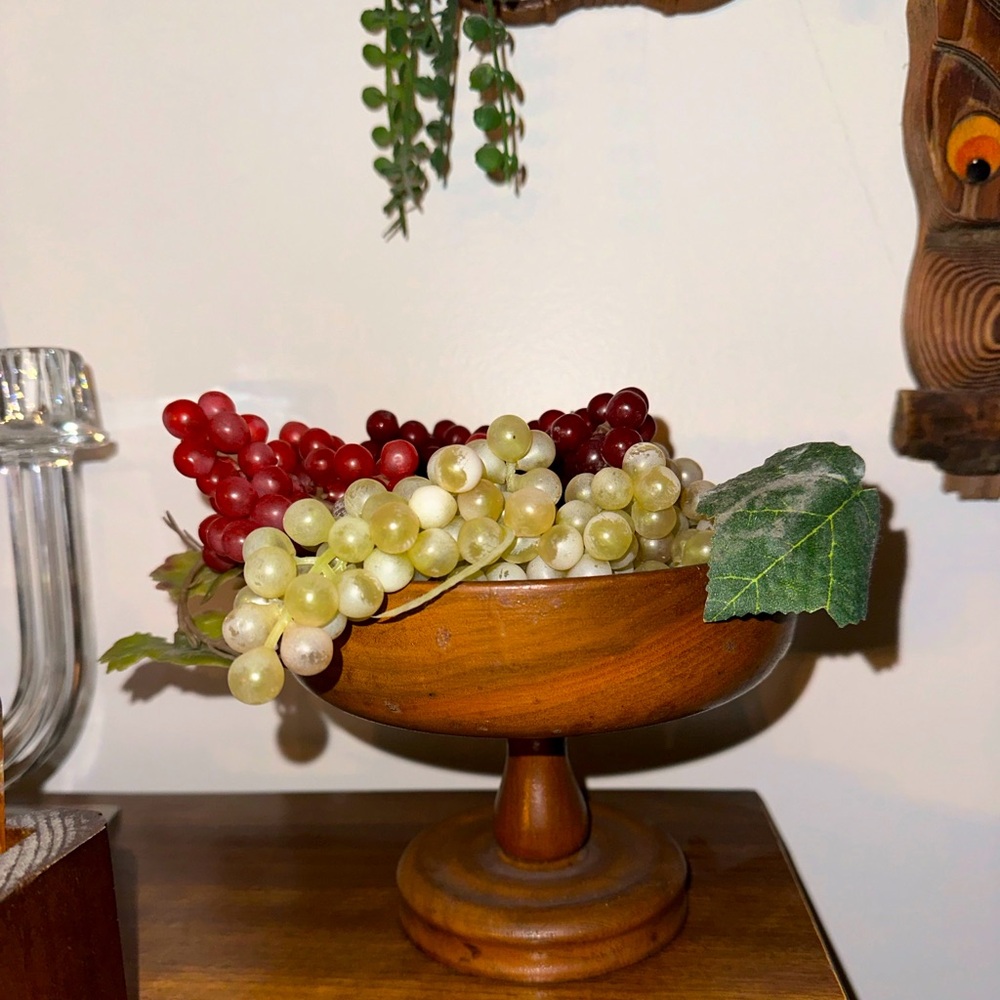 Vintage Teak Wood Pedestal Bowl and Plastic Grapes